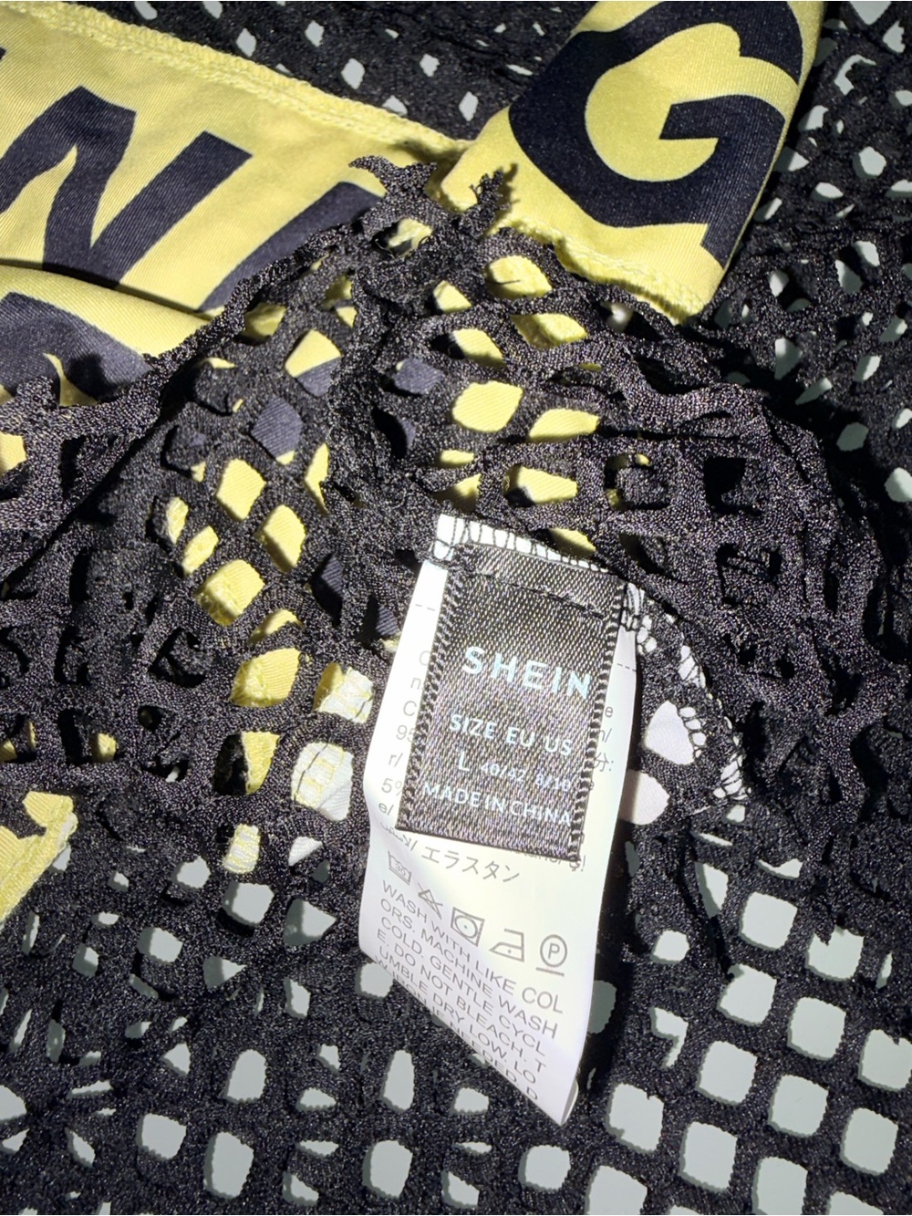 Black Fishnet Crop Top with Yellow Warning Band - Picture 5 of 5